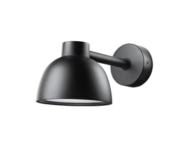 Detaljebillede af den sorte Nordtronic Herning Mini væglampe, viser lampehovedet med justerbar vinkel på den sorte arm.
