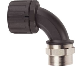 HellermannTyton forskruning med 90° bøjning, sort PA66 plast, til Ø16mm rør med PG11 gevind.