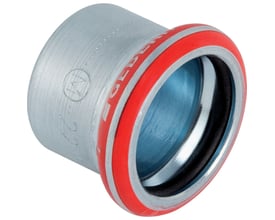 Geberit Mapress FZ el-forzinket kappe på 18 mm, med tydelig rød CIIR tætningsring og presseindikatorer.