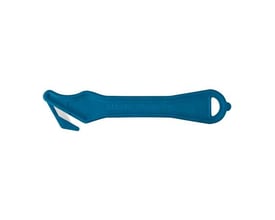 Klever Excel Plus MD metaldetekterbar sikkerhedskniv i blå plast med skjult klinge og integreret tapesplitter. Hvid baggrund.
