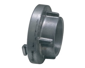 Grundfos Storz A kobling i aluminium med 4" indvendigt gevind, vist isoleret på hvid baggrund.