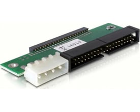 DeLock intern IDE-adapter til 2,5-tommers HDD eller SSD med grøn printplade, sort 40-pin-stik og hvid Molex-tilslutning.