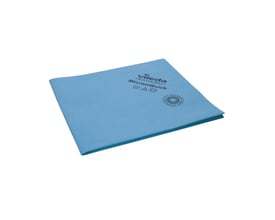Vileda r-MicronQuick professionel rengøringsklud i blå mikrofiber på 38x40cm, vist foldet med logo og vaskeanvisninger.