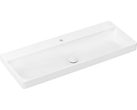 Isoleret produktbillede af Hansgrohe Xelu Q håndvasken i hvid porcelæn med det karakteristiske firkantede design.