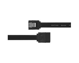 Sort Deltaco SATA 3.0-kabel på 0,3 meter med de to SATA-stik vist fra siden.