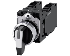 Siemens 22mm omskifter med rund, hvid højglans metal knop, 3 kontaktpositioner, med monteringsmoduler bagpå.