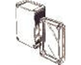 Nærbillede af det grå Fibox EKP30-G2FSH dæksel i polycarbonat, fokuserer på hængselmekanismen og kanterne.