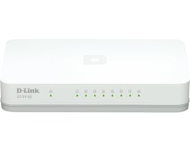 Hvid D-Link 8-port Gigabit Easy desktop-switch set forfra med statuslamper på fronten.