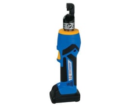 Klauke batteridrevet hydraulisk boltskærer med blå og sort plasthus og gult greb til klipning af bolte op til 8 mm.