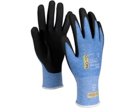 OX-ON Recycle Supreme 16600 arbejdshandsker i str. 11 med blå manchet og sorte nitrilbelagte fingre og håndflade.