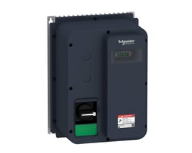 Detaljebillede af Schneider Electric frekvensomformer med synlig afbryder, digitalt display og advarselsmærkat.