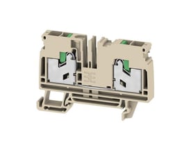 Weidmüller gennemgangsklemme i to niveauer til 6 mm², beige med synlige metaldele, set skråt forfra.