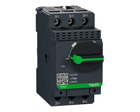 Frontvisning af Schneider Electric TeSys GV2 kortslutningsudløser GV2L06, der viser 1.6A indstilling, QR-kode og 'OFF'/'ON' skiftefunktion.