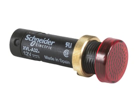 Schneider Electric rød lysdiode, 48V DC, Ø12 mm, XVL-A32, fremstillet i Spanien med messing gevindring og mønstret rødt plastikcover.