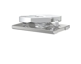 Flamco gevindplade clickfit M8, 30x45mm, vist i et skråt perspektiv på en hvid baggrund, med fokus på den unikke klikmekanisme.