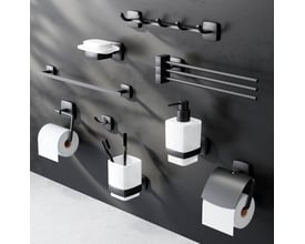 Oversigt over badeværelses tilbehør i sort mat finish, inklusiv tandkrus med holder.