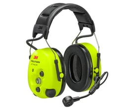 Gult 3M PELTOR WS ProTac XPI Bluetooth-headset med høreværnskopper, hovedbøjle og bommikrofon.