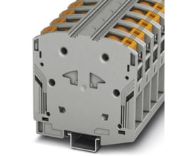 Phoenix Contact stærkstrømsklemme PTPOWER 50, grå, med Power-Turn tilslutning for 10-70 mm² kabler, monteret på skinne.