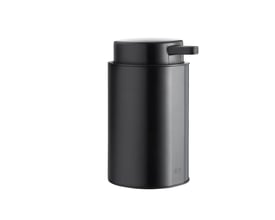 Detaljebillede af Unidrain Reframe sæbedispenser i sort rustfrit stål, der viser pumpemekanismen og den børstede overflade.