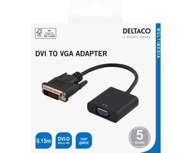 Deltaco sort DVI-D Single Link til VGA-adapter på emballagen, med kabel og begge stik synlige.