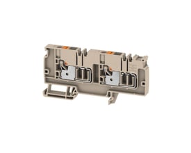 Isoleret Weidmüller distributionsklemme i beige med orange detaljer til 6mm² ledninger, vist på hvid baggrund.