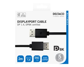 Detailæsken viser et sort Deltaco DisplayPort-kabel med stik i begge ender, DP 1.4 og DP8K-certificering.