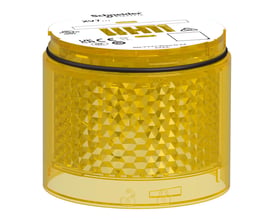 Schneider Electric Harmony XVB7C28 lysmodul, gult LED med fast lys og 70 mm diameter, med diamantmønster og diverse godkendelsesmærker.