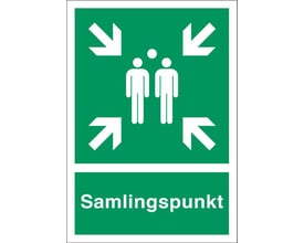 Henvisningsskilt 'Samlingspunkt' i refleks aluminium, A4 størrelse, med grøn baggrund og hvide symboler, der viser personer og pile.