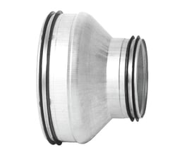 Vinklet sidebillede af Lindab RCU centrisk reduktion i galvaniseret stål, med dimensioner 500 mm og 315 mm.