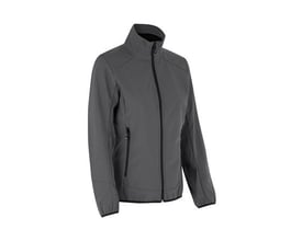 ID Identity softshell jakke til damer i silver grey, XL, med opdateret pasform og lynlås foran på hvid baggrund.