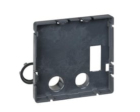 Schneider Electric montageplade til display FDM121, 64x64mm, mørkegrå plast, med to cirkulære åbninger og en rektangulær udskæring.