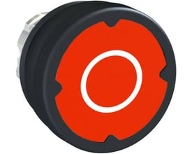 Schneider Electric trykknaphoved Ø22 med 37 mm rød trykflade og hvidt "O" symbol på mørk baggrund.