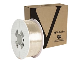 Verbatim 3D printer filament PET-G i transparent farve, 1.75mm diameter og 1kg vægt, vist på en rulle med Verbatim logo og æske.