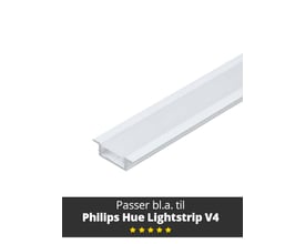 LightSolutions Model G hvid aluminiumsprofil til LED-strips, med et hvidt, opal dæksel, vist med tekst der indikerer kompatibilitet med Philips Hue Lightstrip V4.