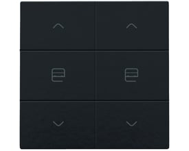 Niko dobbelt motortryk i bakelite® piano black coated design med symboler for op, stop og ned på hver knap.