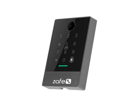 Zafe Reader QR-kodetastatur med QR-læser set skråt forfra, med sort numerisk touchfelt og mørkegråt kabinet.