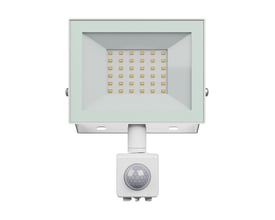 Hvid SpectrumLED 30 W LED-projektør med PIR-sensor og synlige LED-dioder, vist forfra.