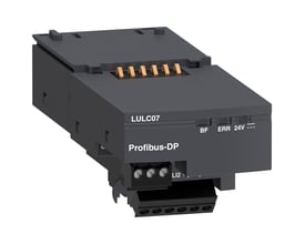 Schneider Electric LULC07 kommunikationsmodul til Profibus DP med stik og terminaler, vist på hvid baggrund.
