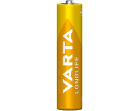 Et gult Varta Longlife AAA-batteri med synlig pluspol og hvid produkttekst på siden.