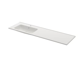 Hvid Svedbergs Forma håndvask på 1610 × 460 mm med hanehul og kumme i venstre side, set skråt ovenfra.