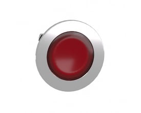 Schneider Electric Harmony XB4/ZB4 flush lampetrykhoved i rød med et kromnet ringdesign, designet til LED belysning.