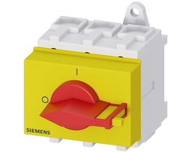 Siemens SENTRON 3LD nødafbryder med tre poler, 63 A og 22 kW samt rød drejeknap på gul front.