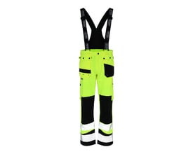 Lyngsøe Hi-Vis regnbuks i gul med sorte detaljer og refleksbånd, str 5XL. Bukserne har seler med logo og mange praktiske lommer.