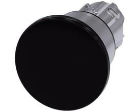 Siemens rund paddehattrykknap i sort metal med 40mm diameter, vist med den klikbare trykflade og monteringsbaggrund.