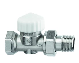 IMI Calypso Exact DN15 lige radiatorventil set fra venstre, med fokus på ventilhus og tilslutningsgevind.