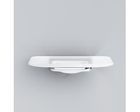 AM.PM Inspire V2.0 sæbeskål i frostet glas med blank krom holder set fra siden på grå baggrund.