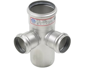 Blücher dobbelt grenrør i rustfri stål (AISI304) på 75x50 mm med 87,5° vinkel, vist med label.