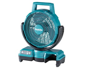 Makita 18V akku ventilator DCF203Z set fra siden, viser dens kompakte design og kontrolpanelet med tre hastighedsindstillinger.