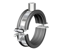 Flamco BSM rørbøjle med M8/10 tilslutning til rør fra 40-44 mm, vist med fastlimet gummiindlæg og kvik-lås.