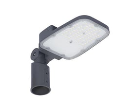 LEDVANCE Streetlight Area S vejarmatur på 30 W/730 i mørkegråt design, set skråt nedefra med åbent mastebeslag.